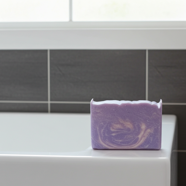 Purple goat milk soap bar on a white surface with a tiled bathroom background