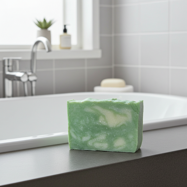 Green bamboo soap bar on a bathroom counter with a sink and mirror in the background