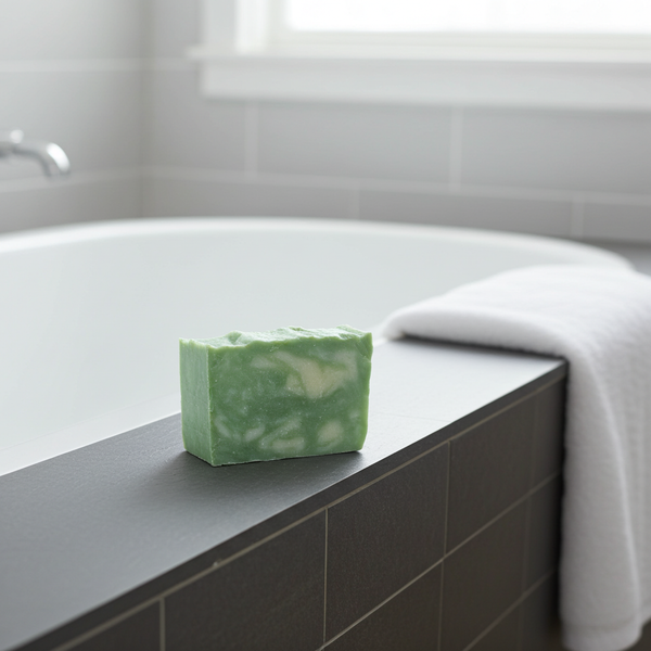 Green bamboo soap bar on a bathroom counter with a bathtub and towel in the background