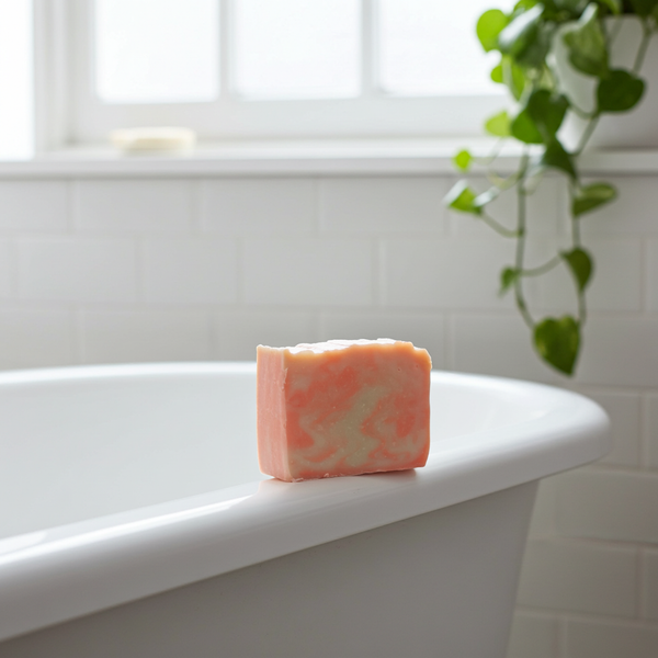 Bar of lavender chamomile in an orange hue soap on a white bathtub with a blurred background