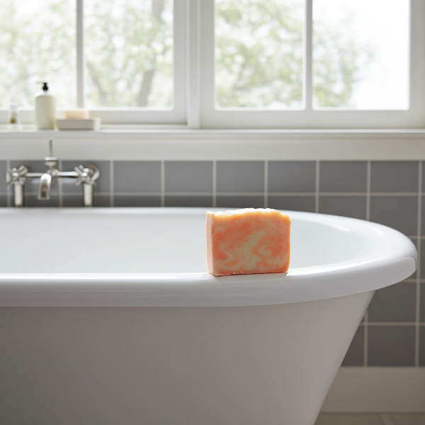 Orange colored, lavender chamomile soap bar on a white bathtub with a window and tiled wall in the background