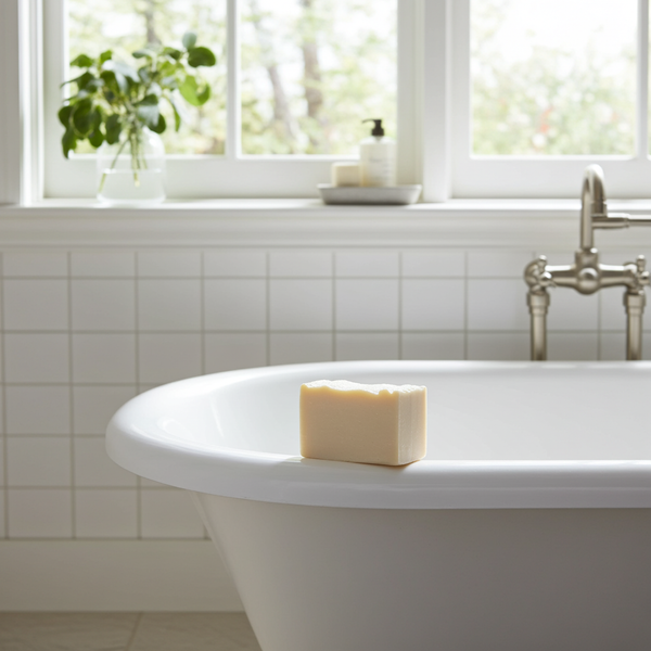 White bathtub with a bar of soap on a tiled bathroom wall with a window in the background