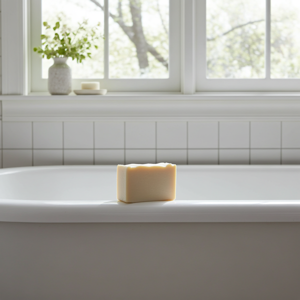 Bar of soap on a white bathtub ledge with a window and plant in the background