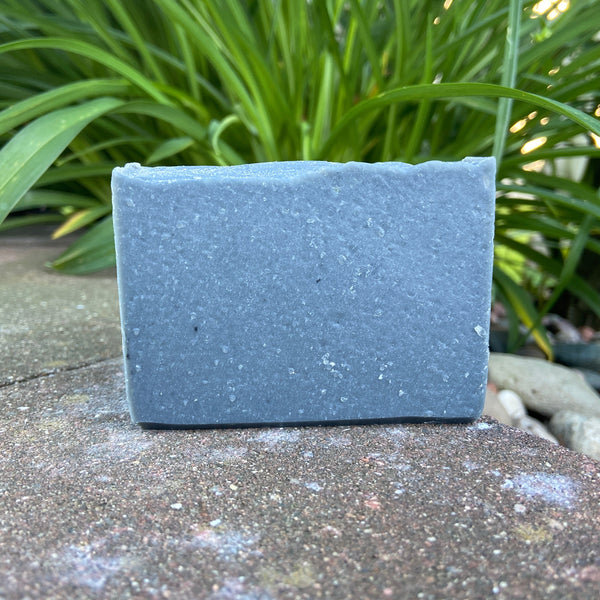 Charcoal facial soap: A gray bar of soap placed on a stone surface with green foliage in the background.
