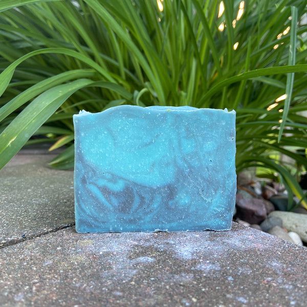 A bar of Eucalyptus scented goat milk soap with a blue-green tint, placed on a concrete surface with green plants in the background.