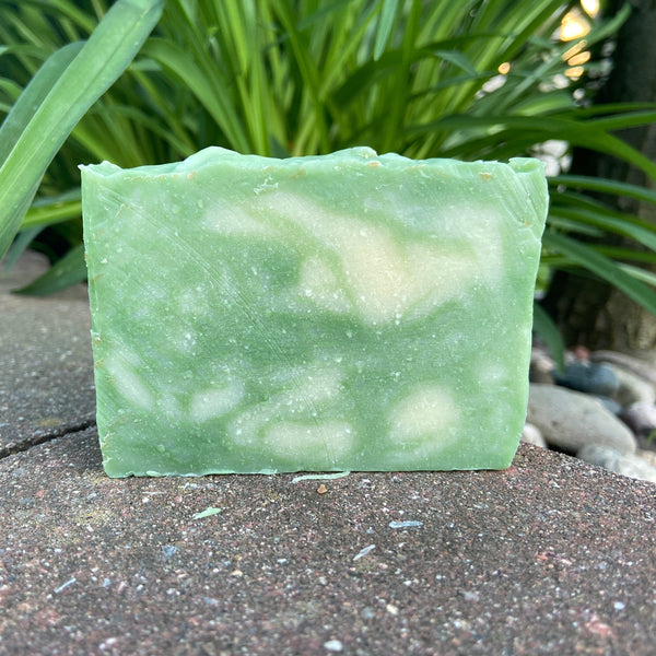 green bamboo natural goat milk soap bar sitting on a rock with foliage in the ackground