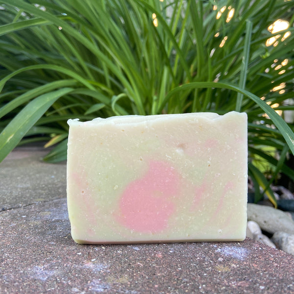 A bar of Ginger & Bergamot Goat Milk Soap placed outdoors with green foliage in the background.