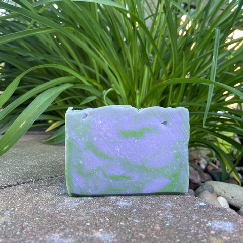 Lavender rosemary soap bar with purple and green swirls