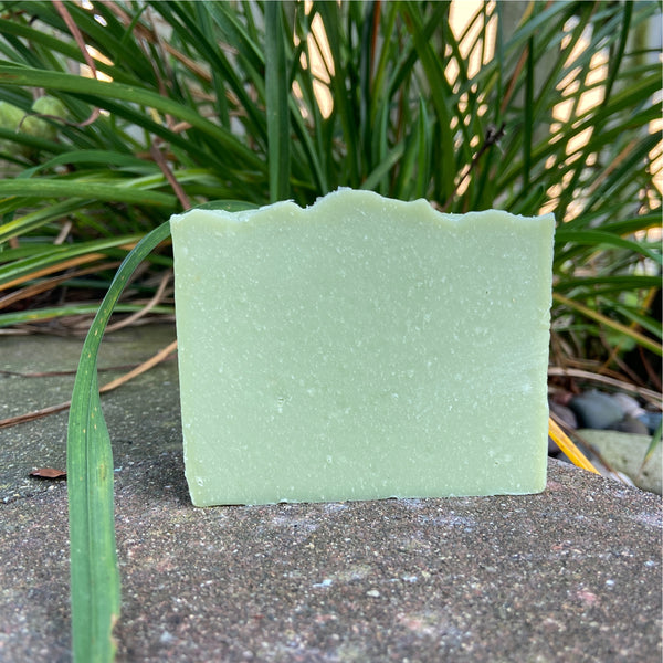 A bar of lemongrass goat milk soap with a pale green hue, placed on a concrete surface with grass in the background.
