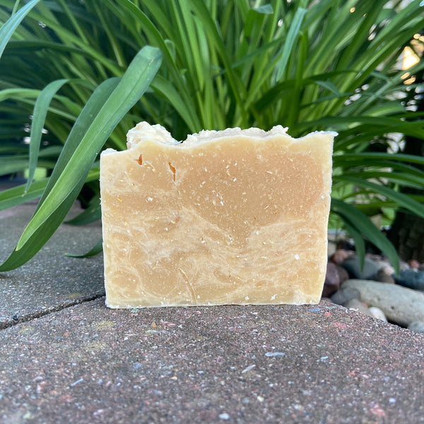 A bar of oatmeal almond goat milk soap placed on a stone surface with green plants in the background.