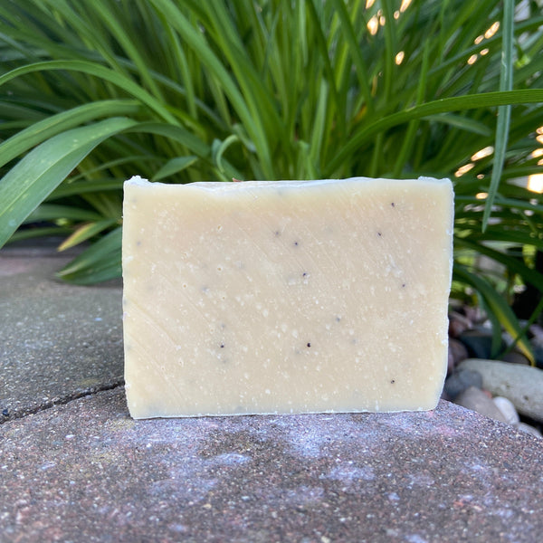 A bar of goat milk soap with specks of poppy seeds, placed on a stone surface with green plants in the background.